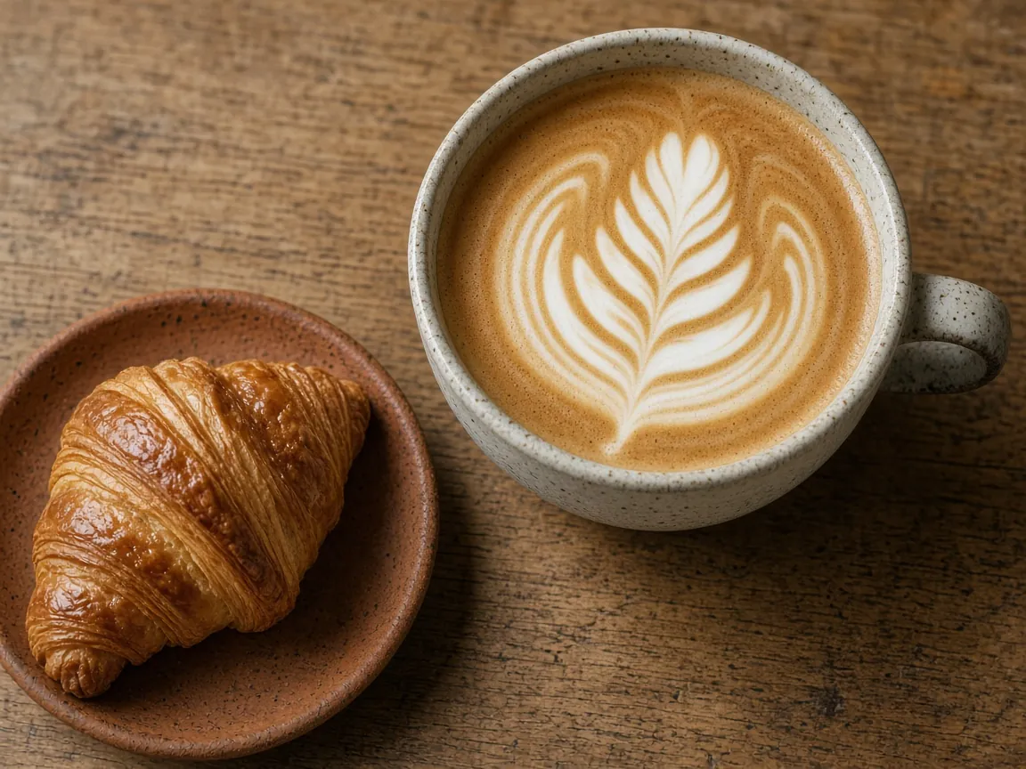 Latte with leaf latte art beside a butter croissant