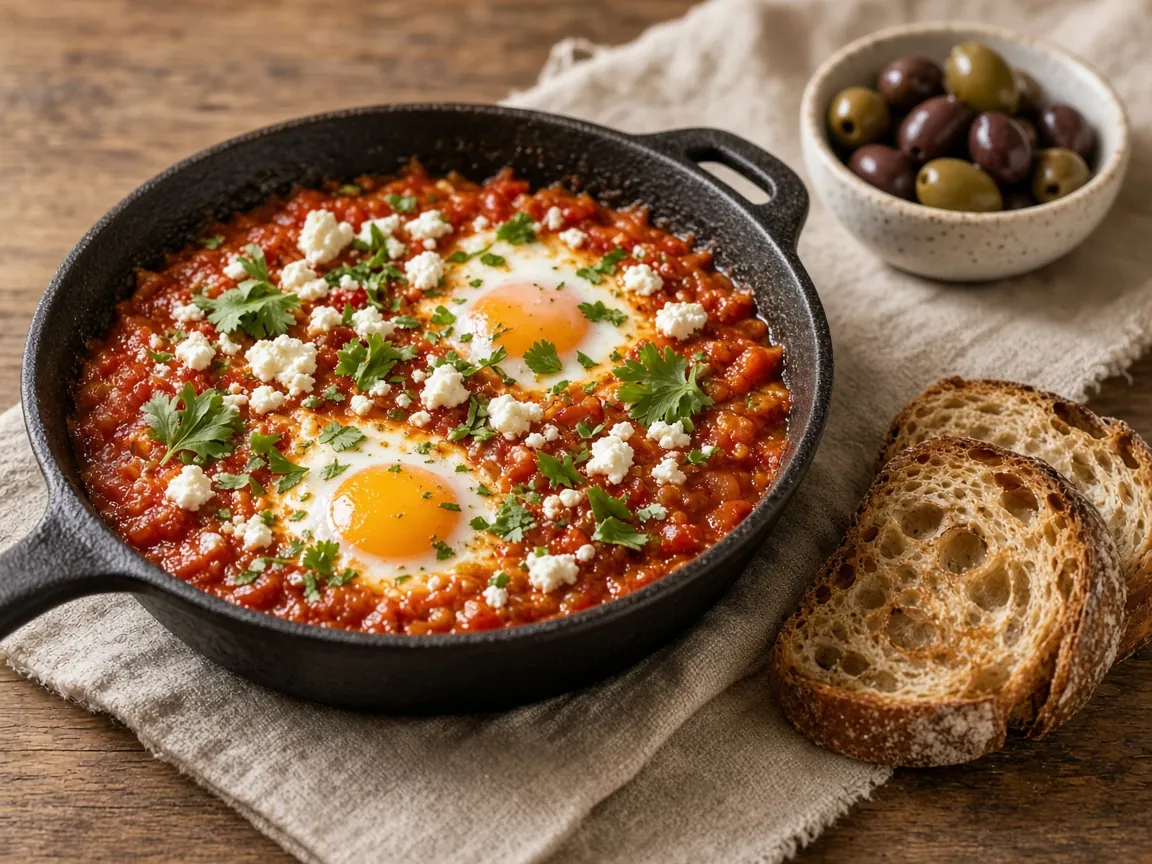 Shakshuka with feta and herbs in a cast iron pan, with sourdough toast and olives