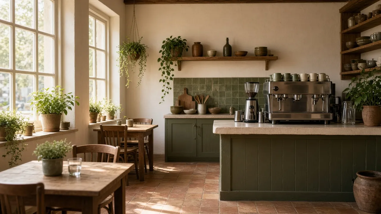 Sunlit café interior with wooden tables, potted herbs, green tiles and an espresso bar