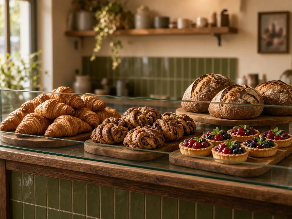 Pastry case with croissants, cardamom buns, berry tarts and rye loaves