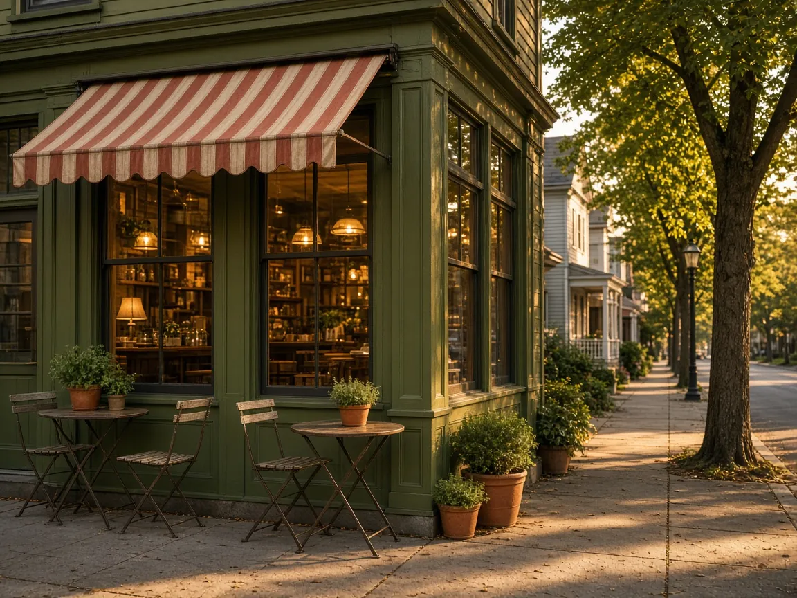 Green corner café storefront with a striped awning and bistro tables on a tree-lined street
